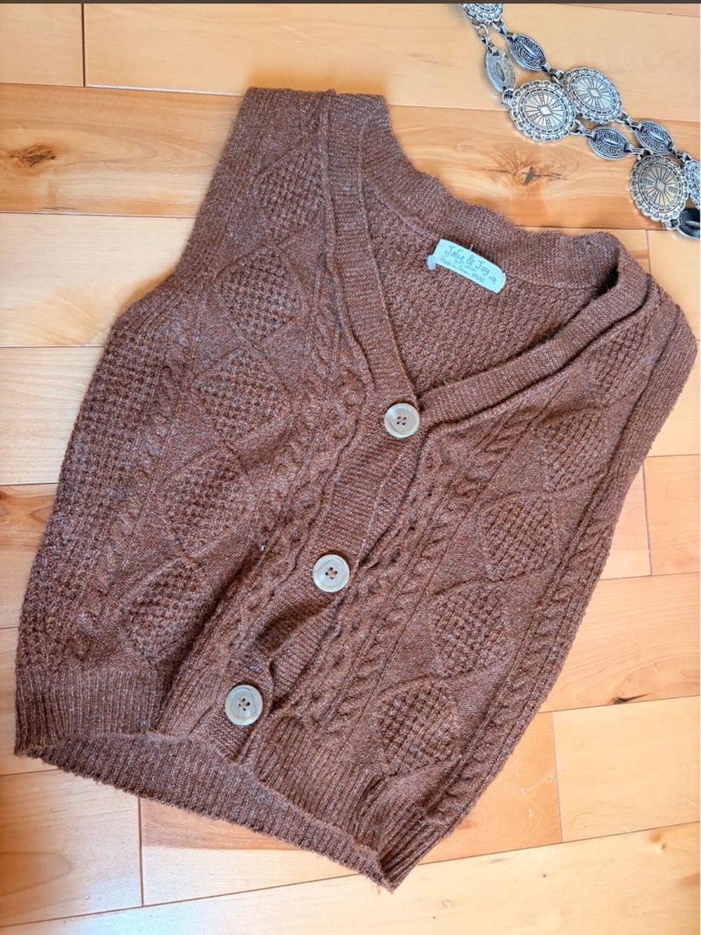 Chunky Brown Cable Knit Button-Front Sweater Vest